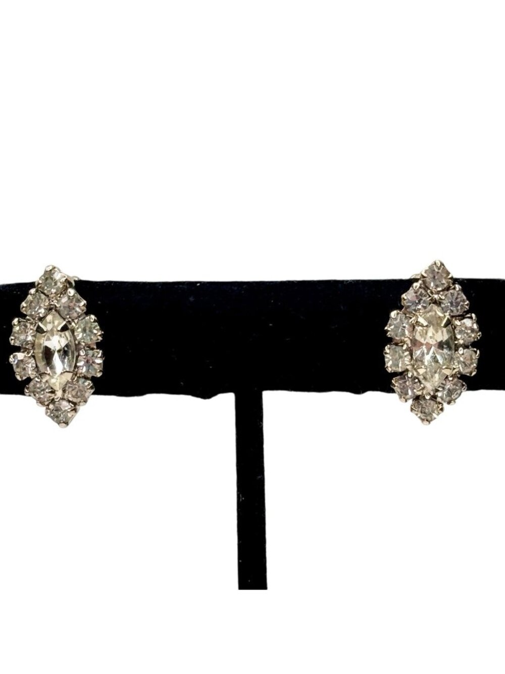 Marquise Cut Earrings Prong Set Rhinestones Clip On Silver Tone 3/4" Vintage - Picture 1 of 12